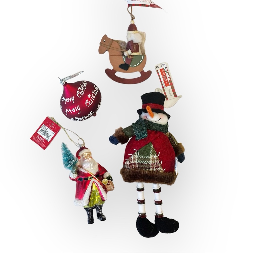 Lot of 4 Christmas Tree Ornaments Snowman, Santa, Toy Soldier, Orb